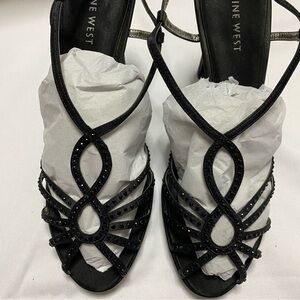 Nine West Black Strappy Open Toe High Heels with Black Rhinestones Size 9.5